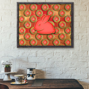 Póster 福 Fu Symbol Red Gold Cute Rabbit Chinese New Year