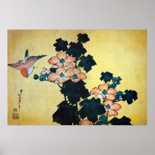 Póster 芙蓉に雀, 北斎 Hibiscus Mutabilis and Sparrow, Hokusai
