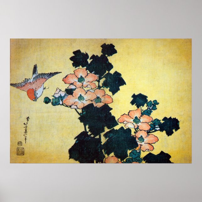 Póster 芙蓉に雀, 北斎 Hibiscus Mutabilis and Sparrow, Hokusai (Frente)
