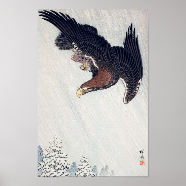 Póster 雪 に 鷲, 古 águila volando en nieve, Ohara Koson, Woo (Frente)