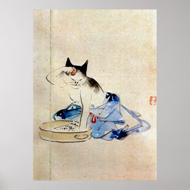 Póster 顔 を 洗 う 猫, 広 Lágrima 重 Cara De Gato, Hiroshige (Frente)
