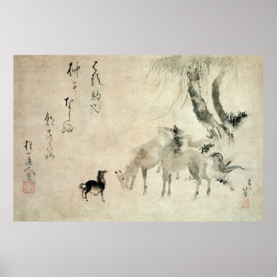 Póster 馬 の 家 族, 北 斎 familia del caballo, Hokusai, Sumi-e