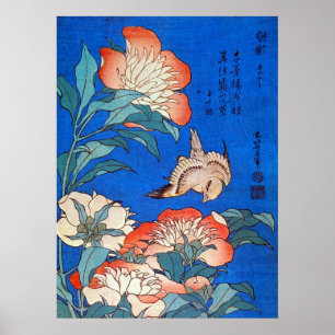 Póster 鳥 と 芍 薬, 北 斎 Pájaro y Peony, Hokusai, Ukiyoe