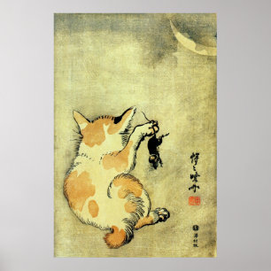 Póster 鼠 と 猫, 暁 gato y ratón, Kyōsai, Ukiyo-e