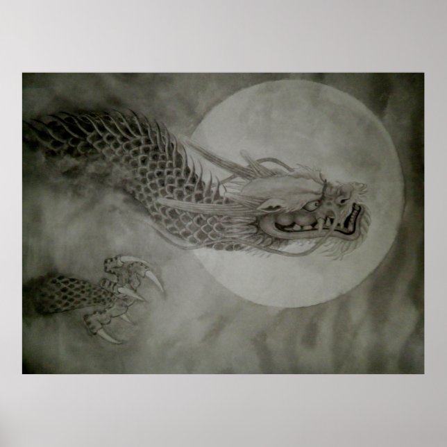 Póster 龍　水墨画　dragon　poster　月　moon (Frente)