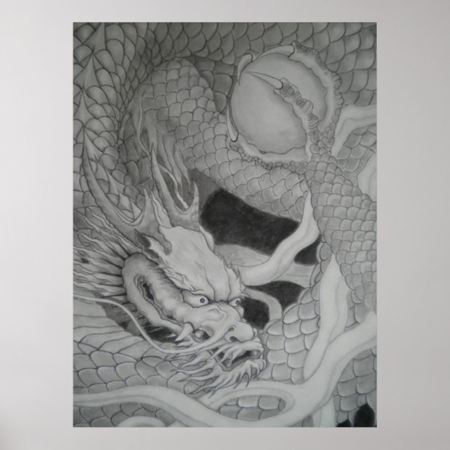 Póster 龍　dragon　水墨画　降り白龍 (Frente)