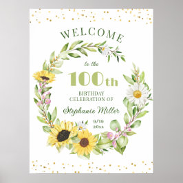 Póster 100 Damas Cumpleaños Mujeres 100 Sunflower Bienven