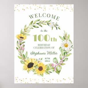 Póster 100 Damas Cumpleaños Mujeres 100 Sunflower Bienven