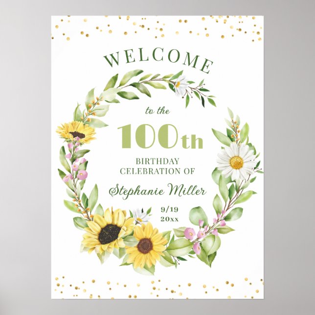 Póster 100 Damas Cumpleaños Mujeres 100 Sunflower Bienven (Frente)