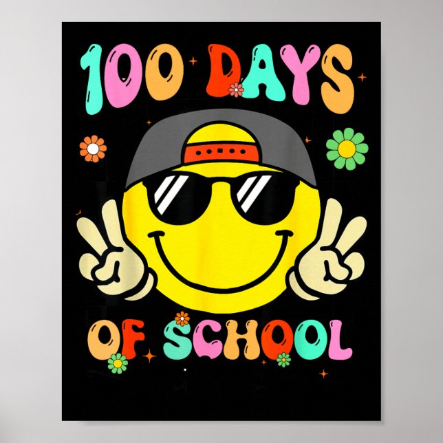 Póster 100 Days Of School 100th Day Smile Groovy Face Tea (Frente)