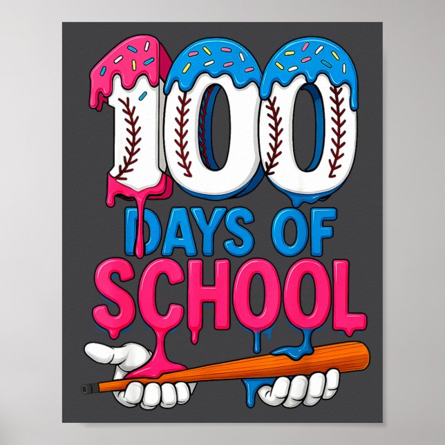 Póster 100 Days Of School Baseball Drip Bat 100th Day Of  (Frente)