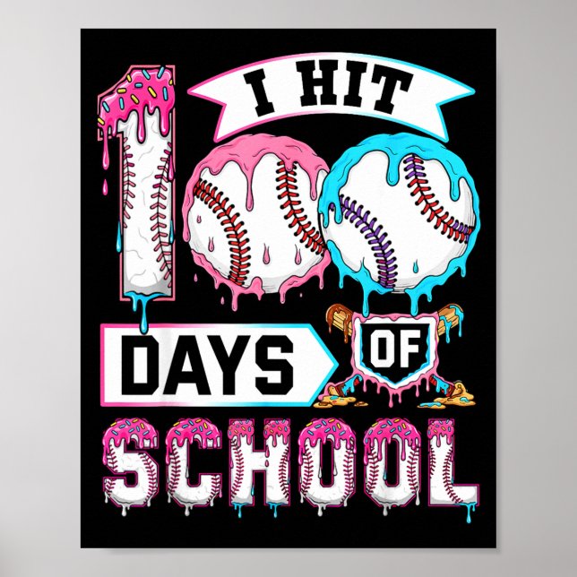Póster 100 Days Of School Boys Baseball Drip 100th Day Ki (Frente)