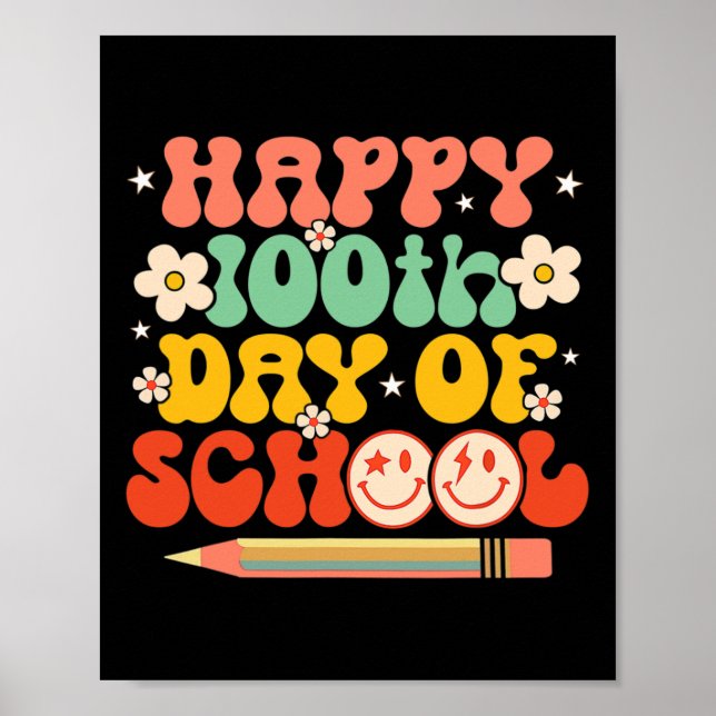 Póster 100° Día De Maestros Retro Groovy 100 (Frente)