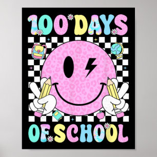 Póster 100 Días De Escuela Cara Sonriente Retro Maestra N