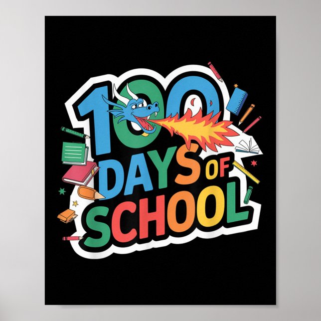 Póster 100 Días De Escuela Dragón Temática Niños Profesor (Frente)