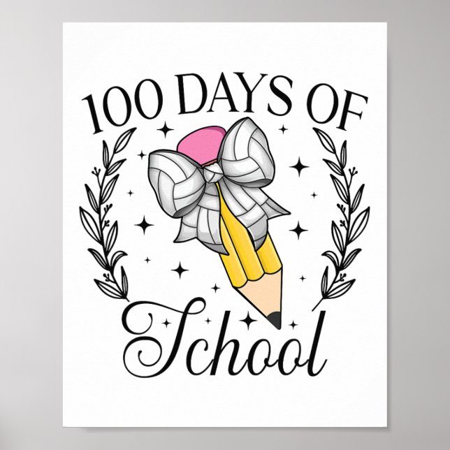 Póster 100 Días De Voleibol Escolar Coquette Pencil Bow (Frente)