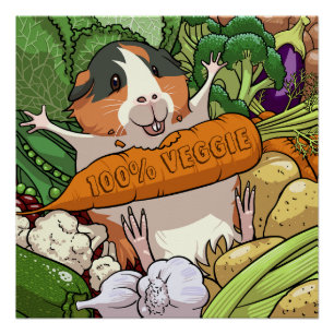 Póster 100% Veggie Happy Guinea Pig With Carrot