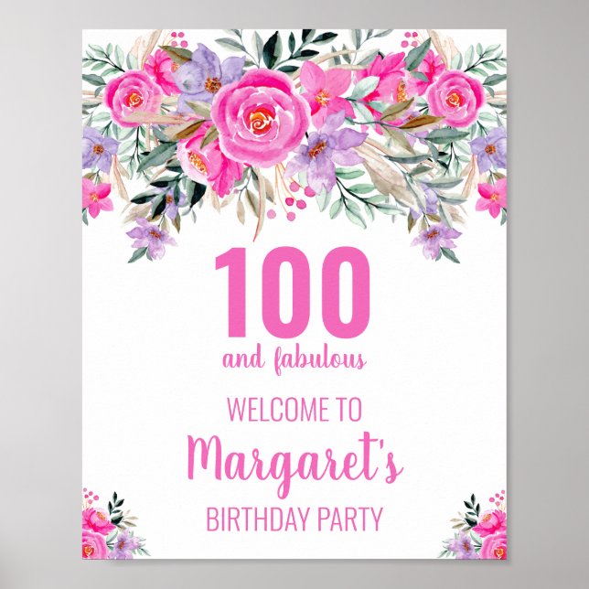 Póster 100 y fabulosa fiesta de cumpleaños elegante rosa (Frente)