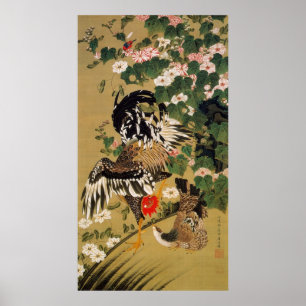 Póster 10. 芙蓉双鶏図, 若冲 Chinese Hibiscus & Rooster, Jakuchū