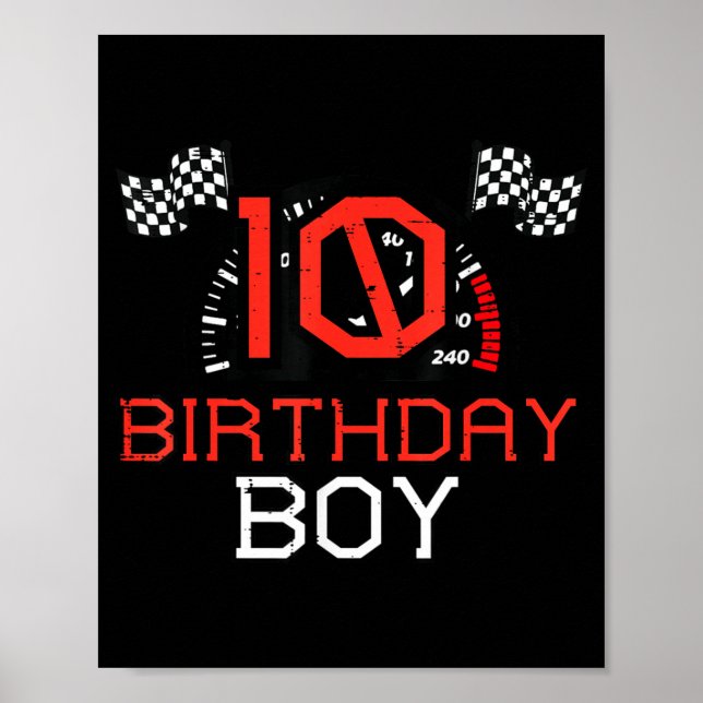 Póster 10 Birthday Boy Speedometer Race Flag 10th Bday Bo (Frente)
