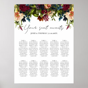 Póster 10 mesa Moody Floral Boda Borgoña
