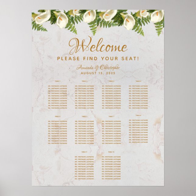Póster 10 Tabla de asientos Boda Calla Lilies Mármol (Frente)