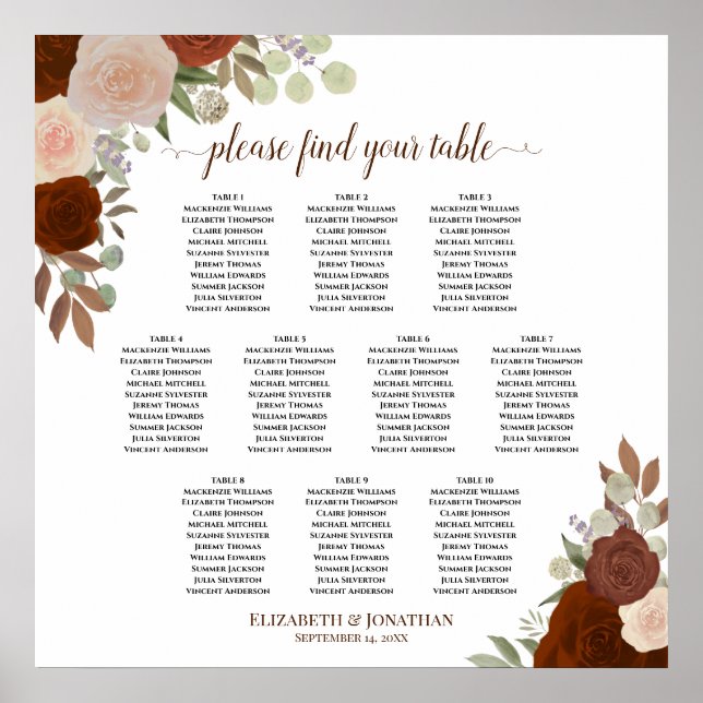 Póster 10 Tabla de asientos de los Rosas de Naranja de ro (Frente)