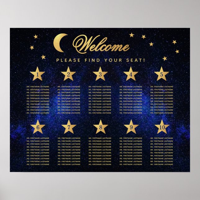 Póster 10 Tabla de asientos de oro azul Boda celeste (Frente)