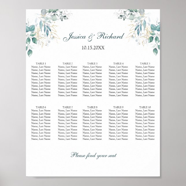 Póster 10 Tablas Poster de la tabla de asientos Rótulo (Frente)