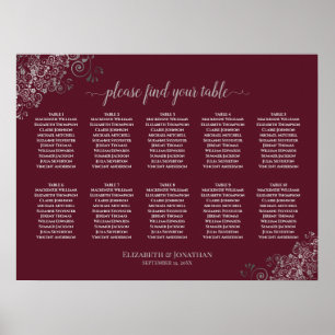Póster 10 Table Wedding Seating Chart Silver on Burgundy
