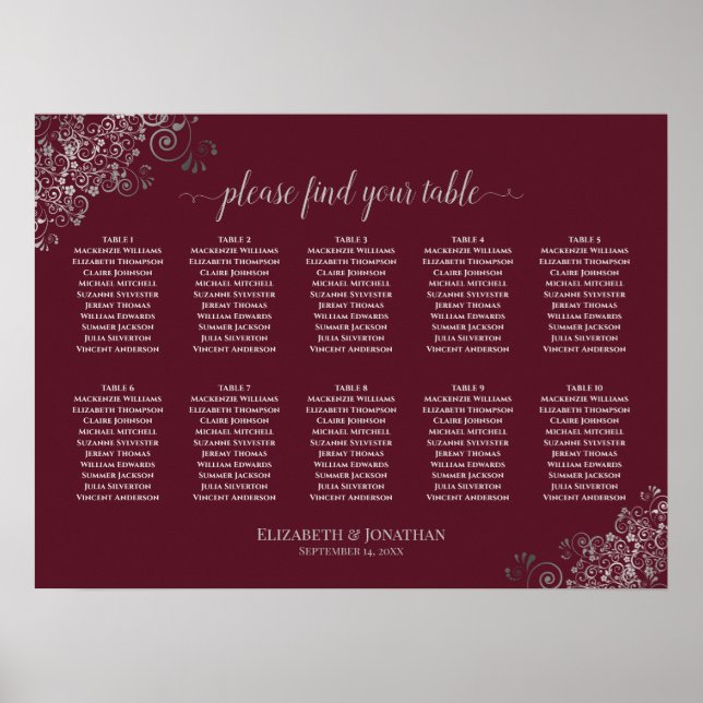 Póster 10 Table Wedding Seating Chart Silver on Burgundy (Frente)