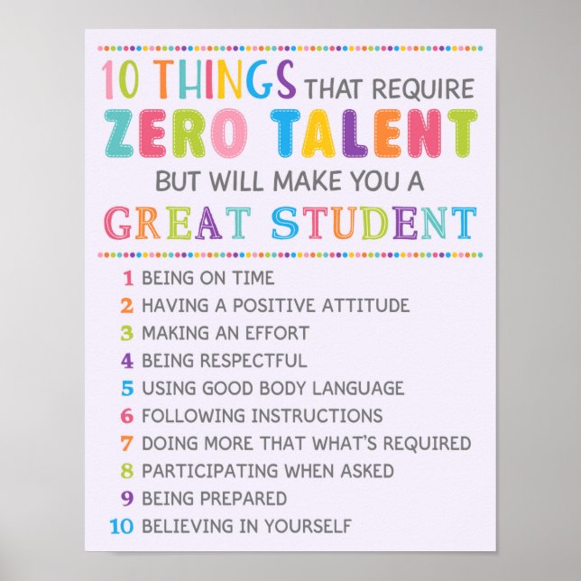 Póster 10 Things To Be A great Student Classroom Poster (Frente)