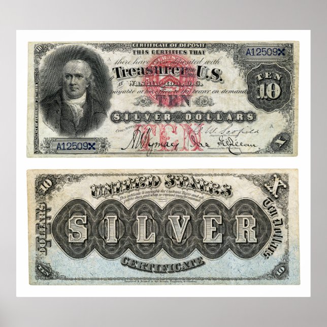 Póster $10 U.S. Banknote Silver Certificate 1878 (Frente)