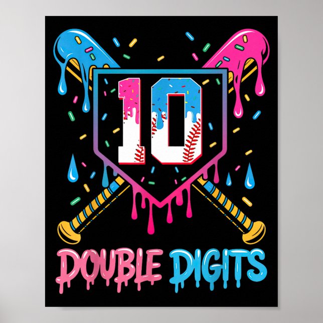 Póster 10 Year Old Baseball Drip Ice Cream 10th Bday Doub (Frente)