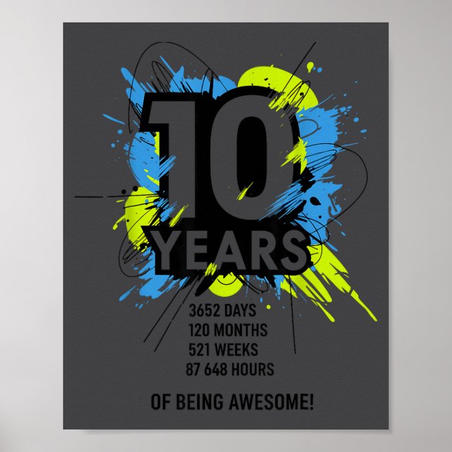 Póster 10 Years Of Being Awesome 10th Birthday Girl Boy D (Frente)
