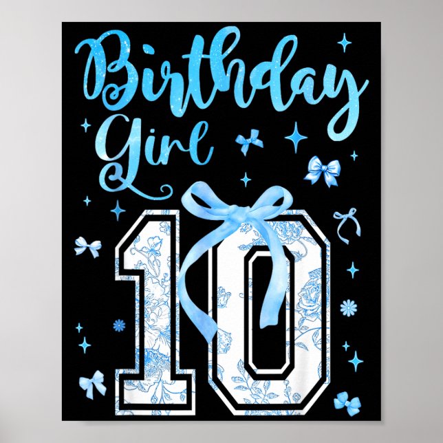 Póster 10th Birthday Girl Blue Toile Coquette Bow 10 Year (Frente)