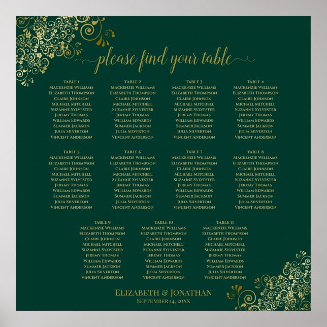 Póster 11 Tabla de asientos Boda de mesa oro verde esmera (Frente)