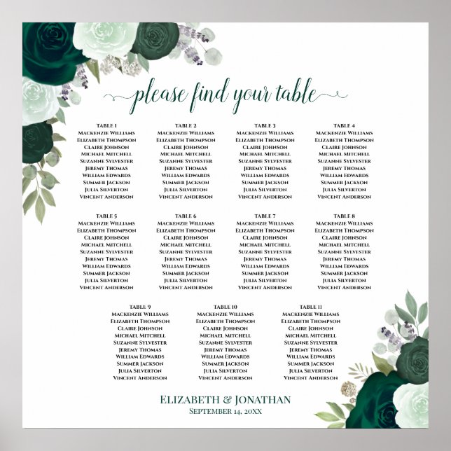 Póster 11 Tabla de asientos de Bodas de flores esmeraldas (Frente)