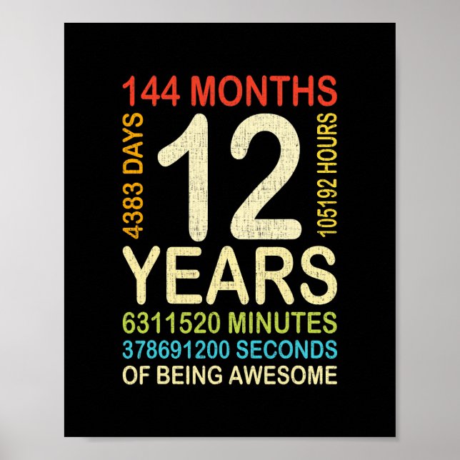 Póster 12.º cumpleaños 12 años Retro de cosecha 144 (Frente)