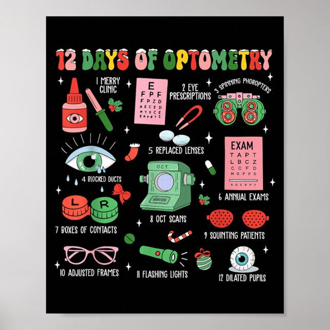 Póster 12 Days Of Optometry Christmas Eye Doctor Optometr (Frente)