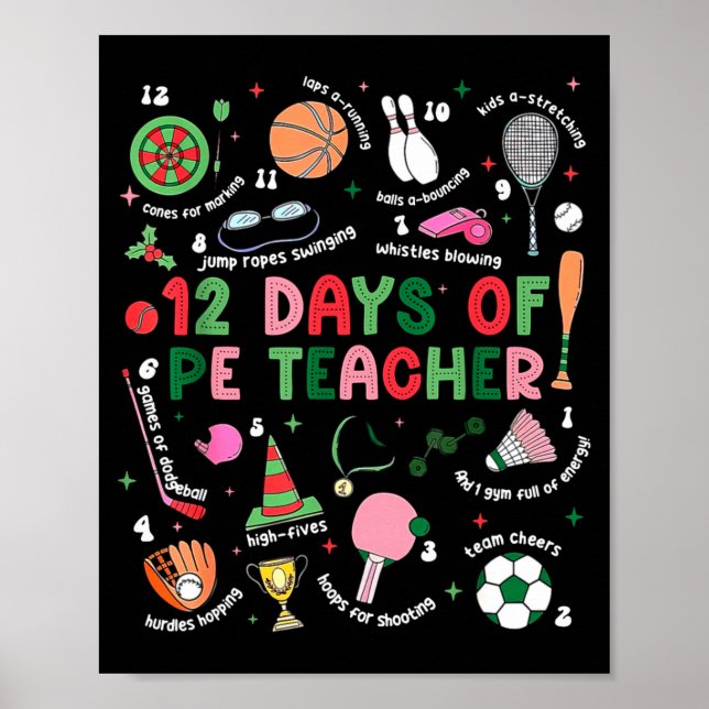Póster 12 Days Of Pe Teacher Physical Education Gym Coach (Frente)