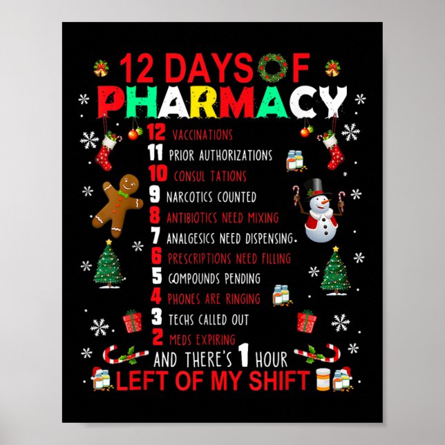 Póster 12 Days Of Pharmacy Funny Christmas Pharmacist Tec (Frente)
