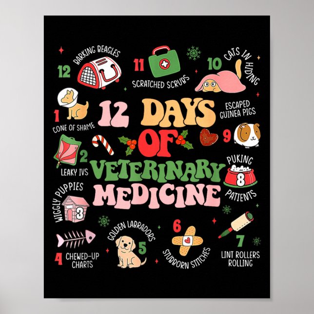 Póster 12 Days Of Veterinary Medicine Funny Christmas Vet (Frente)