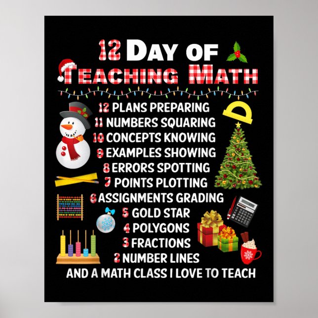 Póster 12 Días De Enseñanza De Math Navidad Math Math Tea (Frente)