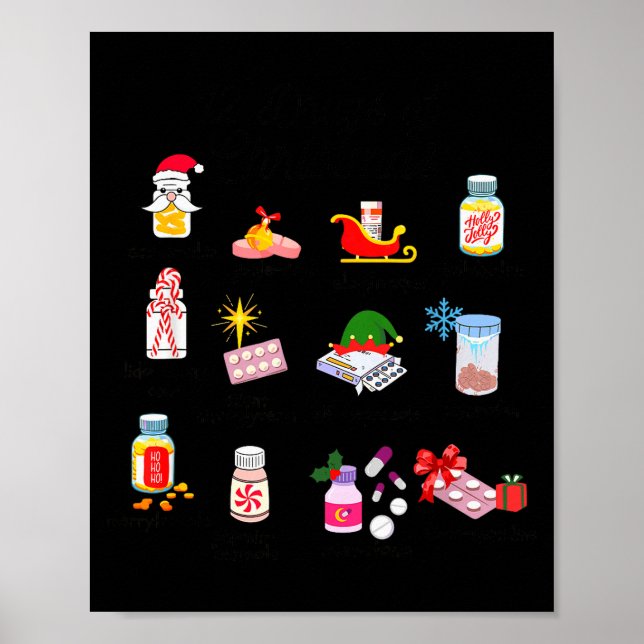 Póster 12 Drugs Of Christmas Nurse Pharmacy Technician Ph (Frente)