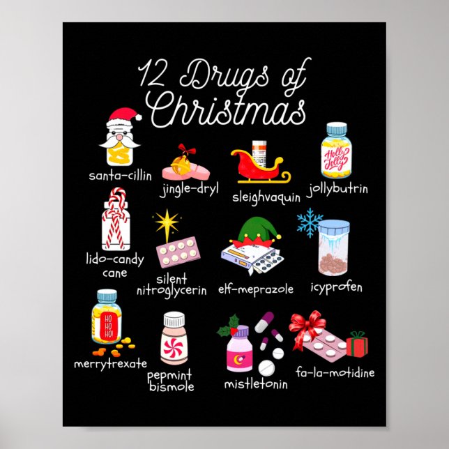 Póster 12 Drugs Of Christmas Pharmacist Technician Pharma (Frente)