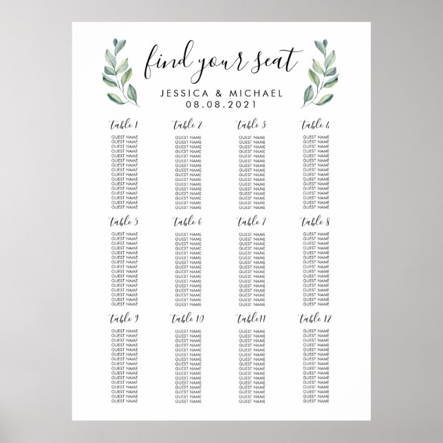 Póster 12 Mesa Gran Boda 192 Asientos (Frente)