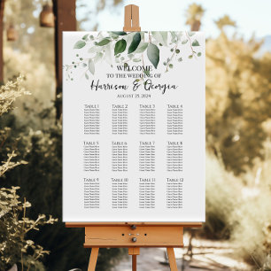 Póster 12 mesas verde elegante carta de asientos de boda