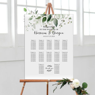 Póster 12 mesas verde elegante carta de asientos de boda