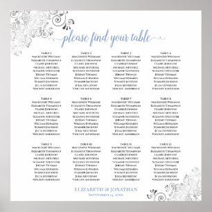 Póster 12 Tabla de asientos Boda azul y blanco